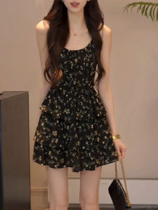 DAIXIANGFEIZI | Floral Chiffon Sleeveless Medium Length Dress for Petite Figures