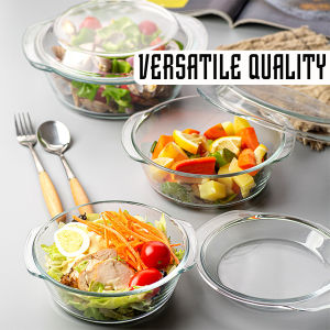 Clear Borosilicate Glass Oven Safe Serving Casserole Dish Baking Round Covered Salad Bowl with Handle