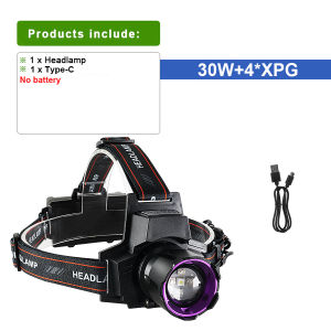 Ultra Bright Headlight 9990000000LM 30W+4*XPG Purple Light Headlamp Rechargeable Head Torch Fishing Hunting Outdoor Work Lamp