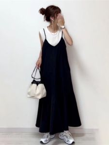 ชุดเดรสยาวแขนกุดคอวีหลวมๆ สไตล์เกาหลีสำหรับฤดูร้อน ชุดเดรสยาวคลุมเข่าผู้หญิง ชุดทำงาน ชุดเดรสยาวคลุมเข่า