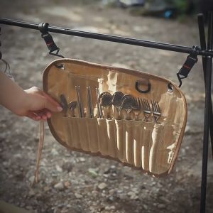WINMAX 12pcs Camping Tableware Storage Bag Cutlery Organizer Roll BBQ Picnic Carry Case Pouch for Outdoor Barbecue Holder Canvas Spoon