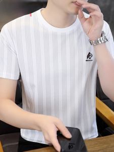 HENGYUANXIANG | Hengyuanxiang Mens Ice Silk Short Sleeve T-Shirt Summer High-end Cool Casual Stripe Round Neck Top Standard Fit Printed Youth Fashion