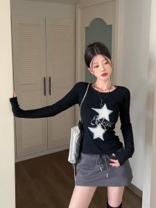 Áo Thun Dài Tay in Họa Tiết Phong Cách Mỹ Dành Cho Nữ Mùa Thu Đông Ôm Vừa Vặn Màu Đen Đa Năng Cổ Tròn Tay Dài Thường Ngày