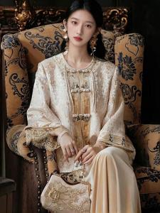 New Chinese Style Heavy Embroidery Velvet Button Womens Spring 2025 New National Style Lace Patchwork Half Skirt Set