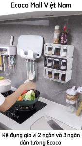 Kệ gia vị kèm thìa Ecoco 2 ngăn và 3 ngăn cao cấp không khoan tường mẫu mới 2023