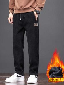 New 2024 Mens Corduroy Fleece Lined Casual Pants Warm Loose Straight Leg Trousers Autumn Winter Fashion Elastic Waist Band