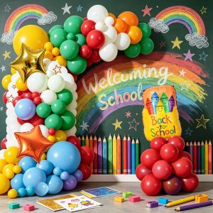 117-Piece Back-To-School Season Balloon Arch Set Star-Shaped & Crayon Box Aluminum Foil Balloons Paired with Colorful Latex Balloons Suitable for Classroom Decoration First Day of School and Welcome Party Decorations