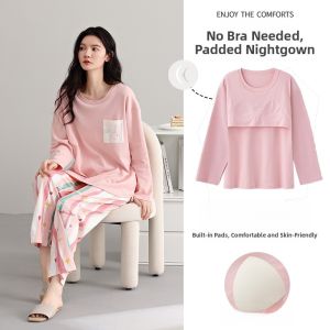 MiiOW | Pure Cotton Sleepwear Womens Short Sleeve Set With Chest Pad Spring Autumn Summer Cartoon Sweet Home Clothes Outdoor Wear