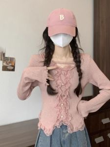 French Pure Desire Lace Trim Long Sleeve Knitted Base Layer Top Womens Autumn Winter Design Slim Short Style round Neck Pullover