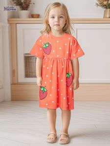 Cute Little Maven Strawberry Princess Dress Pure Cotton Short Sleeve Childrens Dress Summer Kids Clothing Baby Girls Dress