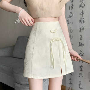 High Waist A-Line Short Skirt Asymmetrical Zipper Korean Style Commute Qianjin Slit Cheongsam Half-length Ancient Fashioned Skirts