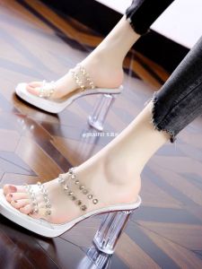 Transparent Crystal Heel Slippers Womens Summer New Waterproof Platform Outdoor Wear Toe-Open Sandals High Heel Slippers