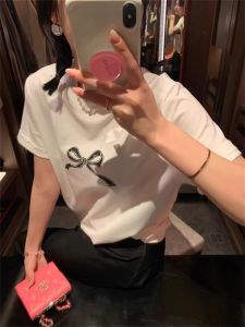 Retro American White Bow Knot Top Women Summer Sweet Spicy Niche Design Loose Elegant Shoulder Online Exclusive Short Sleeve round Neck