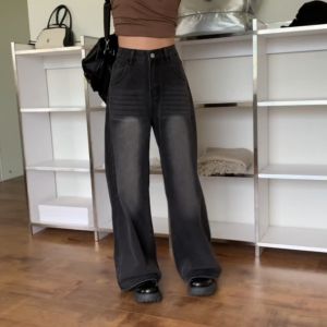 Retro Black Jeans for Women Wide Leg High Waist Pants Mopping Drape Whisker Jeans