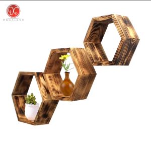 Rak Dinding Ambalan Hexagonal Kayu Jati Belanda Rustic Burn Vintage Retro Minimalis Aesthetic