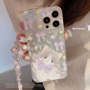 Sweet Purple Butterfly Knot Cat Design Phone Case with Lanyard iPhone Compatible Ins Style Cute Girl Heart Apple Theme Protective Shell