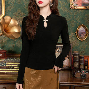 New Chinese Style Button up Long Sleeve Black Base Shirt Womens Inner Wear Spring Summer New Style National Trend Stand Collar T-Shirt