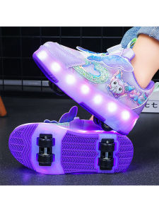 Girls Princess Roller Skate Shoes Four-Wheel Lighting up Motion Shoes Childrens Sports Roller Shoes Wear-Resistant Synthetic Leather