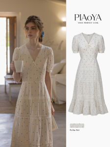 PIAOYA | French Polka Dots Waist-cinching V-neck Midi Dress