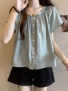 plus Size 300 Pounds French Sweet Short Sleeve Womens Summer Loose Belly Cover Fashionable Youthful Top Polyester Fiber