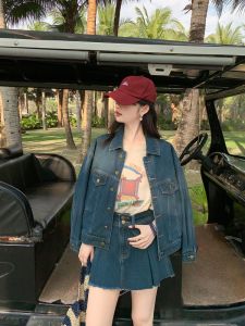 Spring Summer Short Wide Version Denim Jacket Women Loose Lazy Style Set Dress Two Pieces Street High Commute Pure Color