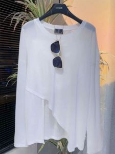 เสื้อยืดผู้หญิงแขนยาวบางหลวมๆ ทรงหลวมๆ ปกโปโล ทรงหลวมๆ ทรงหลวมๆ แขนยาว ปกโปโล สีพื้น ฤดูร้อน 2024