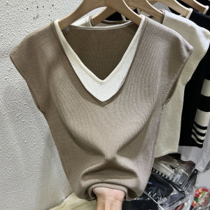 plus Size Ice Silk Short Sleeve T-Shirt Women Summer Loose Slimming Stylish Sleeveless Top V-neck Korean Style Casual Wear