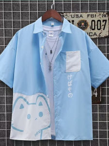 Summer Short Sleeve Mens Shirt Cool Cat Cartoon Brand Hong Kong Style Student Shirt Wear Resistant Loose Fit Regular Thickness