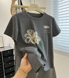 Gray Floral Print round Neck Short Sleeve Slim Fit T-Shirt Korean Style Base Shirt Summer Top for Young Women Commute Wear