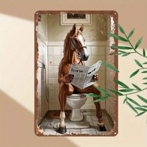 CIFbuy | Funny Horse Reading Newspaper On Toilet Metal Tin Sign Retro Humorous Wall Decor For Bathroom Restroom Iron Painting Poster