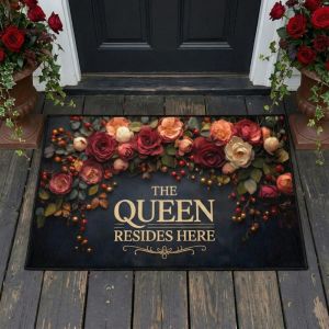 VIKAMA Queen Resides Here Red Rose Floral Elegant Art Crystal Velvet Door Mat Non Slip Entryway Bedroom Living Room Home Decor