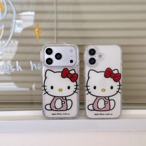 Sanrio | Cute 3D Rhinestone KT Phone Case for iPhone 17 Pro 16 15 Pro Max Clear Glitter Shockproof Soft TPU Cover With Red Bow Anti Drop
