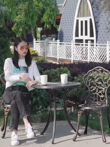 TREDEY Outdoor Furniture Cast Aluminum Furniture 60cm Diameter Round Table and 2 Chairs For BalconyPatio