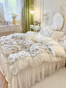 French Country Floral Pure Cotton Bedding Four-Piece Set Princess Style Ruffle Lace Duvet Cover Fairy Bed Skirt Four