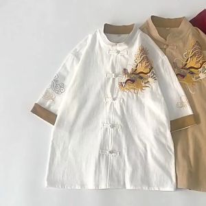 daidai (Ready Stock) Men Man CNY Shirt Tang Suit Samfu Chinese Dragon Embroidered Retro 春夏新款中国风男士胸前龙刺绣短袖衬衫大码复古潮流休闲衬衣唐装
