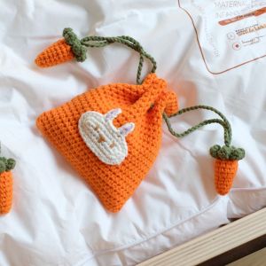 Hand Knitted Orange Carrot Rabbit Clutch Bag Lipstick Storage Drawstring Earphone Bag Creative Gift Japanese Style Festival Supplies