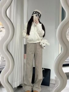 High Waist Wide Leg Pants Womens Loose Casual Plaid Floor-Length Trousers Korean Style Straight Cut Knitted Skirt
