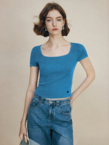 FAMANXUAN | Blue Square Neckline Wool Knitted Shirt Simplified Slimming