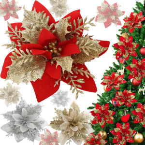 5Pcs Christmas Artificial Flowers Simulation Gold Powder Christmas Flower Glitter Poinsettia Flowers Decorations for Xmas New Year Wedding Party Wreath DIY Garland Decor