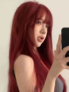 Natural Looking Long Straight Hair Wig Womens Full Cover Airy Bangs Wine Red Color Sweet Lolita Style White Enhancing Hairpiece
