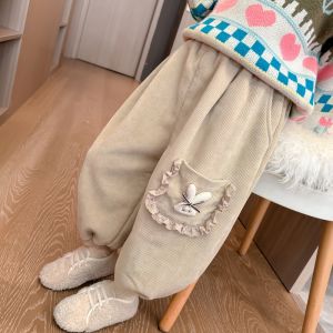 กางเกงวอร์มผ้าขนแกะรูดสำหรับเด็กผู้หญิงฤดูใบไม้ร่วง/ฤดูหนาว กางเกงขายาวทรงหลวมสไตล์เกาหลีสำหรับเด็กผู้หญิง เสื้อผ้าเด็กผู้หญิง