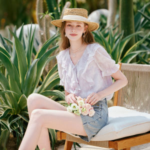 XIANGYING | French Style Floral Print Chiffon Blouse Purple