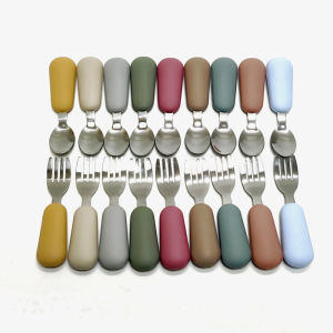 Childrens Fork & Spoon Set Silicone-grip stainless steel utensils Suitable for children aged 3-12 years