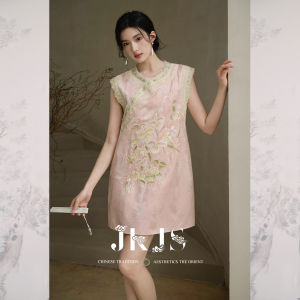 JK&JS | New Chinese Style Heavy Embroidery Silk Linen Blend Modified Qipao Dress JKJS Wuwei Yang Ladies Summer Sleeveless H Version