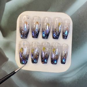 Long-lasting Glowing Wearable Nails Full of Sparkles Detachable False Nails Adhesive Stickers Extended Length Diamond-covered