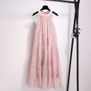 Elegant Ice Lake Blue Silk Neck Hanging Womens Dress Summer New Style Commute Korean Version Loose Waist A-Line Long Skirt