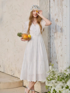 XIANGYING | V-neck Embroidered Cotton White Dress