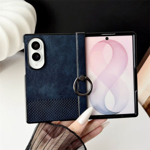 Hinge Full Protection Leather Phone Case For Samsung Galaxy Z Fold 8 Ultra Ring Holder Woven Texture Shockproof Hard Shell Cover