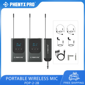 Phenyx Pro PDP-2-2B Dual Wireless Mic System 15 UHF Mini Receiver Headset/Lavalier Mics for Karaoke
