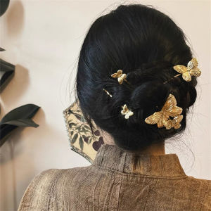 High-End Chinese Style Butterfly Hairpin Alloy One-Character Clip Elegant Wedding Headwear for Women Gold Silver Hair Accessories